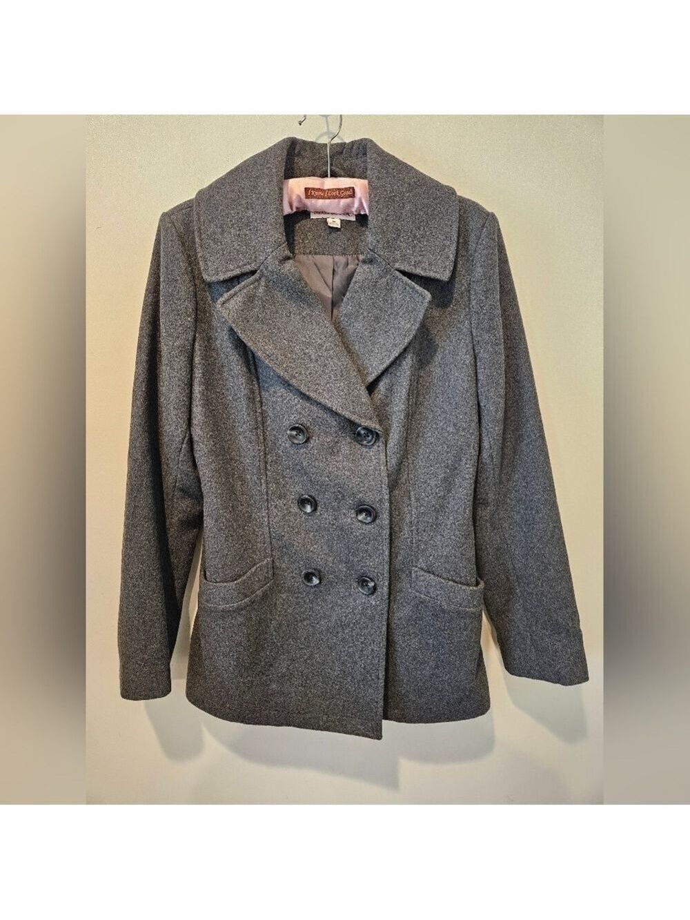 MERONA WOMEN'S WOOL BLEND GREY NOTCHED COLLAR LINED PEA COAT SIZE MEDIUM
